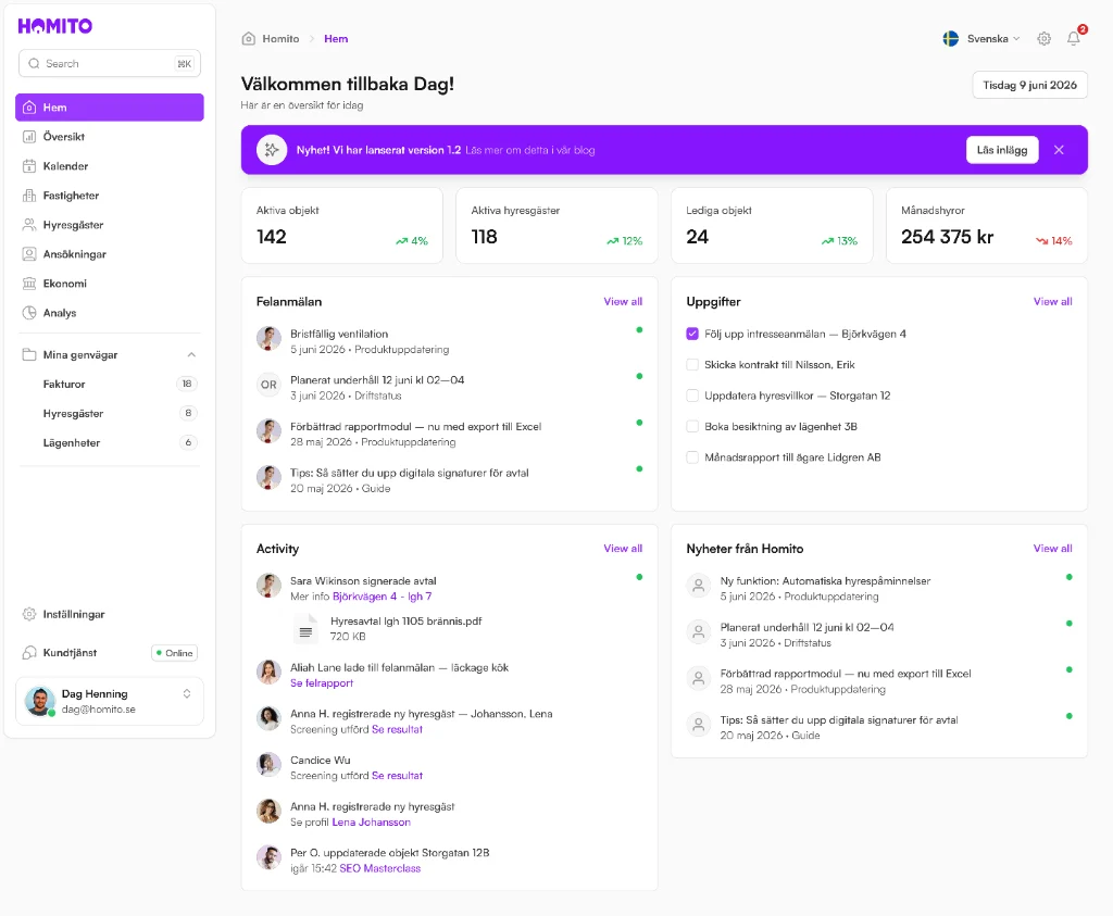 Homito portal, hem med uppgifter och felanmälan