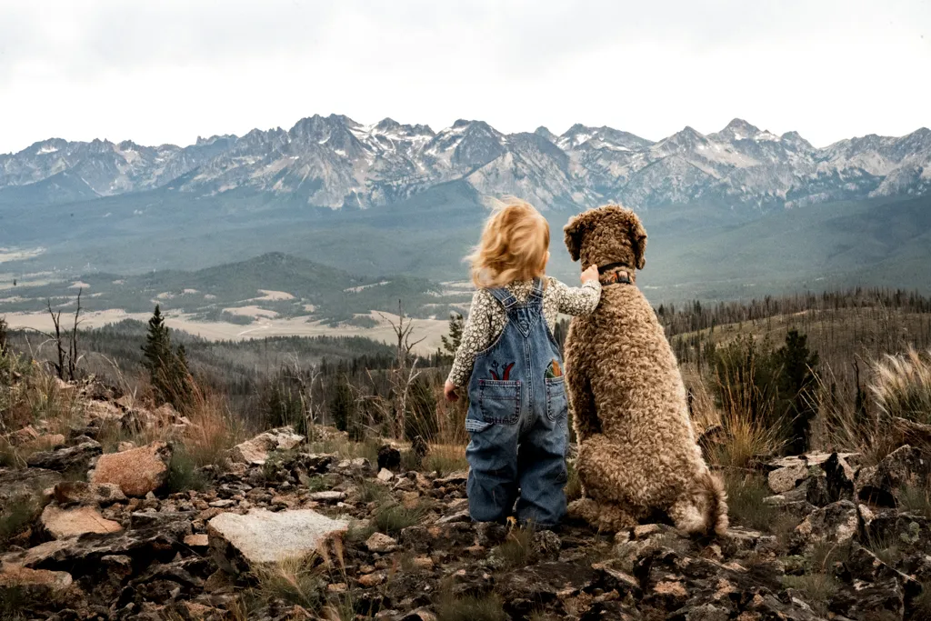 Barn och hund blickar ut över bergen